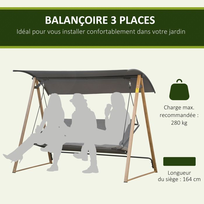Columpio de jardín Outsunny - 3 plazas, acero, estilo contemporáneo con toldo ajustable - metal - 224x133x173cm - gris