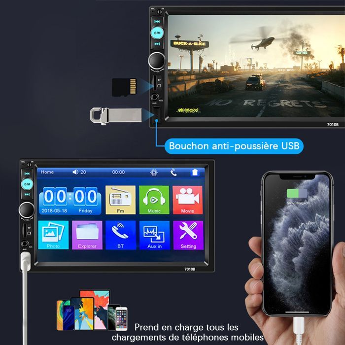 Radio para coche Bluetooth de 7 pulgadas y 2 DIN - CarPlay y Android Auto - Pantalla táctil/Radio FM/AUX/USB/Tarjeta TF - Cámara de visión trasera con 12 LED