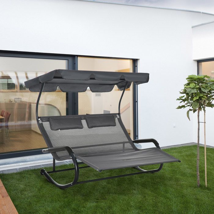 Chaise longue - Outsunny - avec toit solaire, appui-têtes détachables et 2 roues - pour 2 personnes - bascule, ergonomique - noir