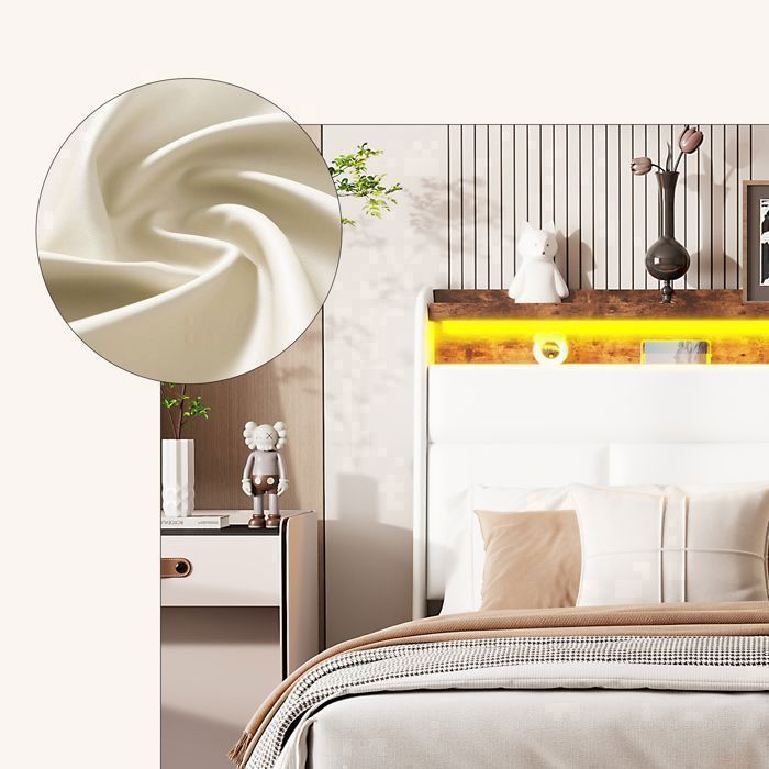Lit 160x200 cm - LED - tissu en PU - cadre de lit adulte - lit adulte 160x200 cm - 160x200 cm - Blanc