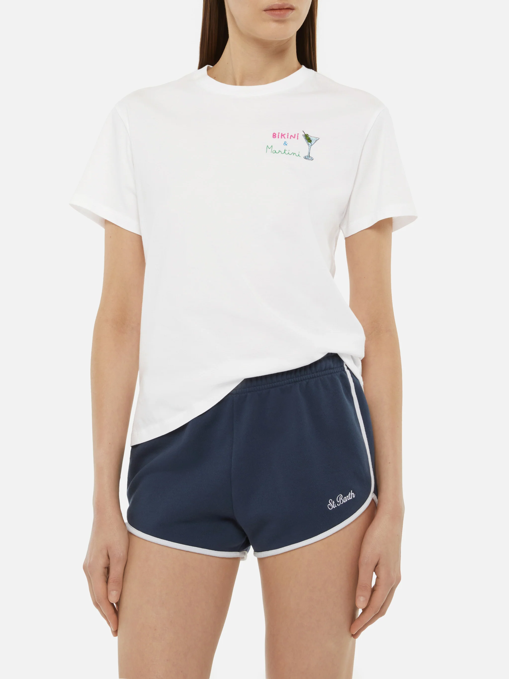 Emilie katoenen T-shirt met bikini- en martini-borduurwerk