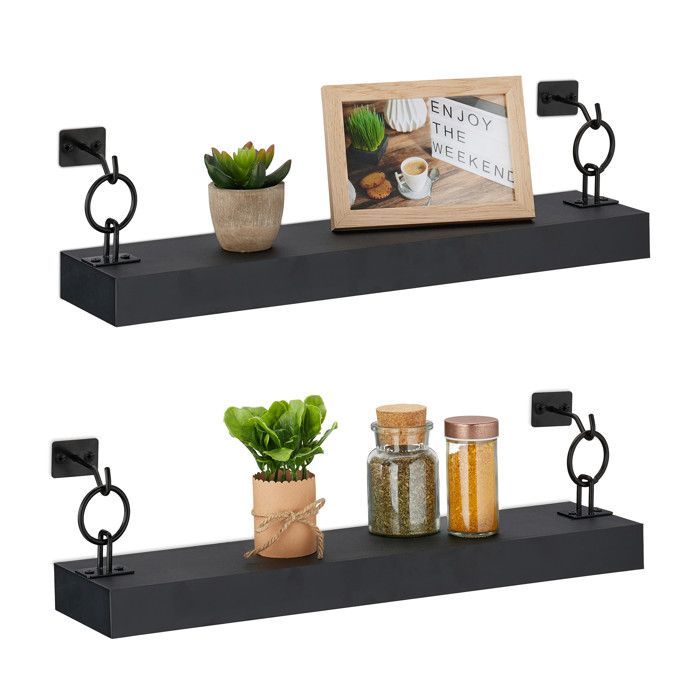 Estantes de pared Relaxdays, juego de 2, Alto x Ancho x Profundidad: 13 x 48 x 12 cm, Montaje en pared, Almacenamiento decorativo, MDF y metal, Negro