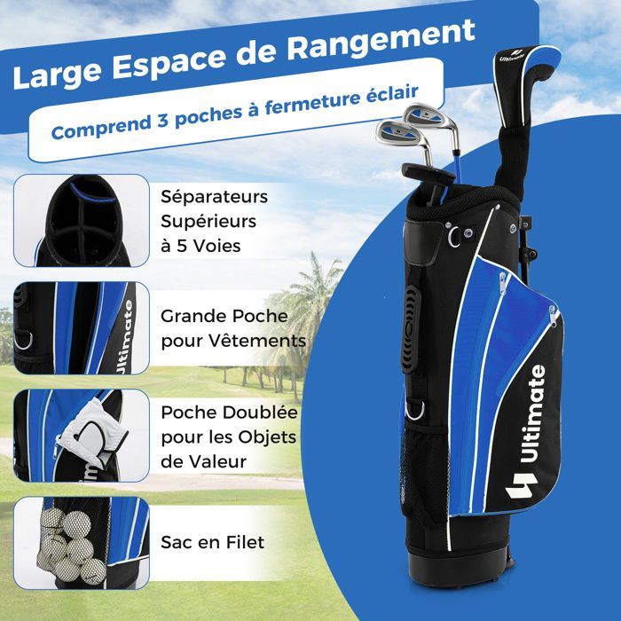 COSTWAY Kids Tripod Golf Bag 5-Piece Golf Club Set with Stand & Rain Cover, Ages 11-13, Blue