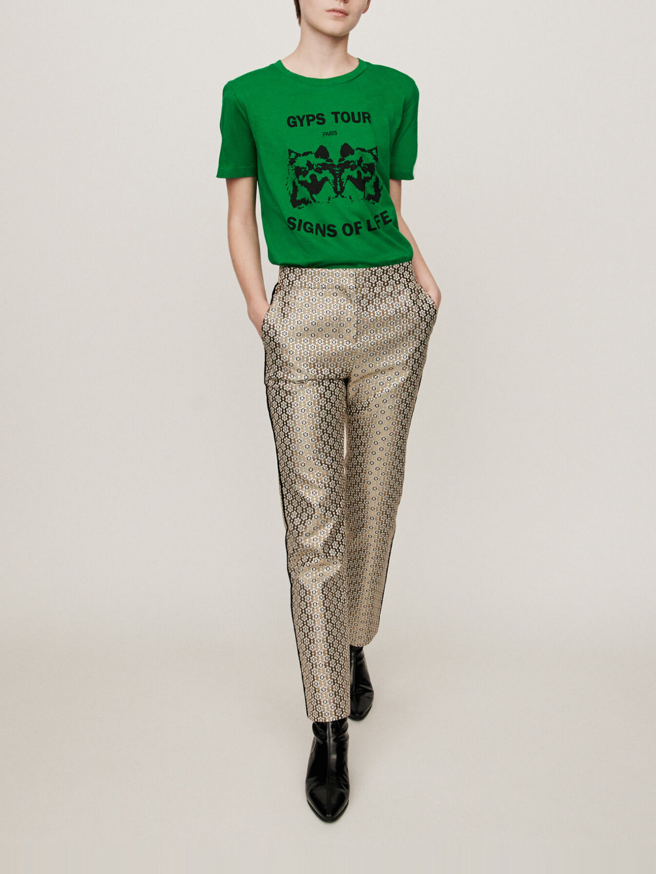 Pantaloni jacquard lurex-argintiu