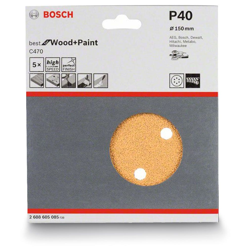 Disco de lixa BOSCH de 150 mm, grão 40, com 6 furos e fixação por velcro, para madeira e tinta – C470 – 5 peças