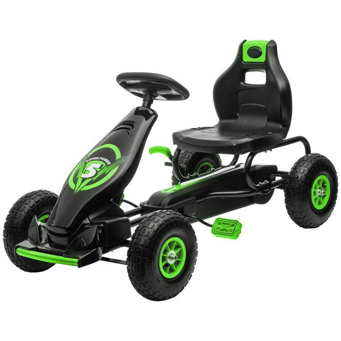 Lasten poljinkarting-auto, jossa säädettävä istuin (3 asentoa) ja käsijarru, sopii 5–12-vuotiaille lapsille, vihreä ja musta
