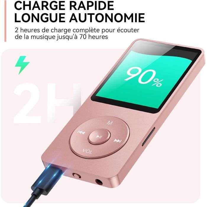 Lecteur MP3 avec Longue Autonomie, MP3 16Go Musique HiFi sans Perte Baladeur Multifunctions Radio, Supporte Carte Micro Sd 64Go