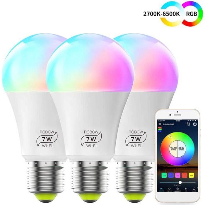 Conjunto de 3 lâmpadas LED inteligentes E27 de 7W com controle remoto Wi-Fi e mudança de cor, compatíveis com Alexa, Google Home, Siri e IFTTT.