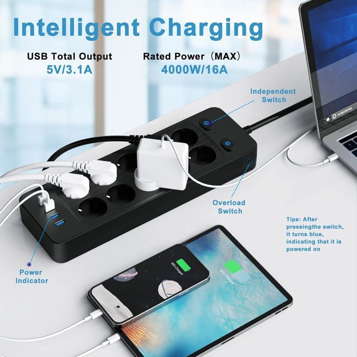 Regleta de 4000 W con 10 tomas de corriente, 4 puertos USB, protector contra sobretensiones e interruptor, cable de 2 m.