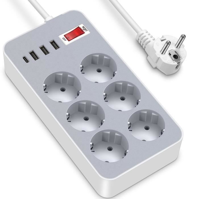 Stekkerdoos van 4000 W met schakelaar, 6 stopcontacten en 3 USB- en Type-C-poorten, 1,2 m snoer, overspanningsbeveiliging