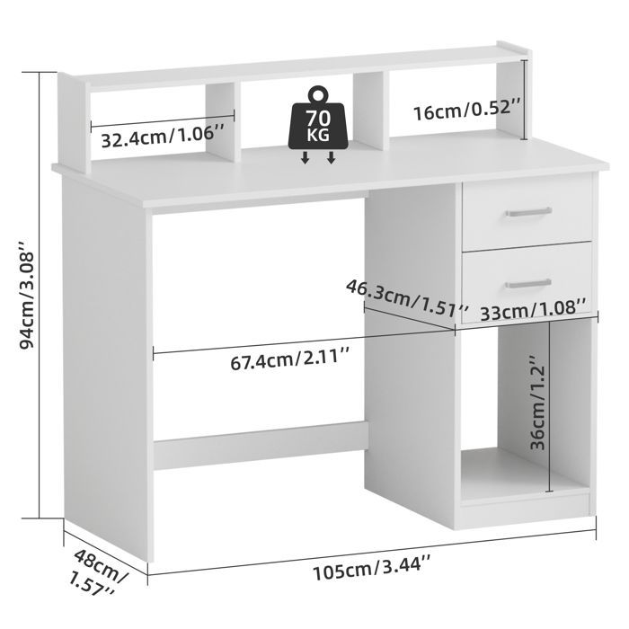Mondeer Bureau d'ordinateur,avec Étagères de Rangement et 2 Tiroirs,105x94x48cm - Blanc