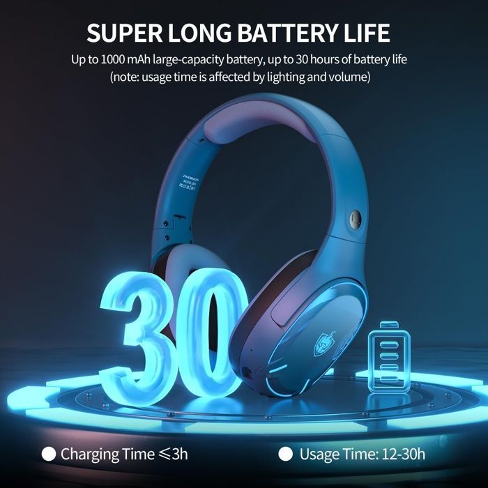 Casque sans fil Bluetooth 5.3 à double puce, microphone antibruit, lumière LED, pour PC/PS4/PS5/TV/Switch, bleu