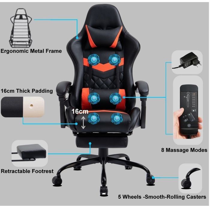 Chaise Gaming Ergonomique Similicuir avec Repose-Pieds et Massage 6 Points, Dossier Inclinable, Base Métal Delman Rouge