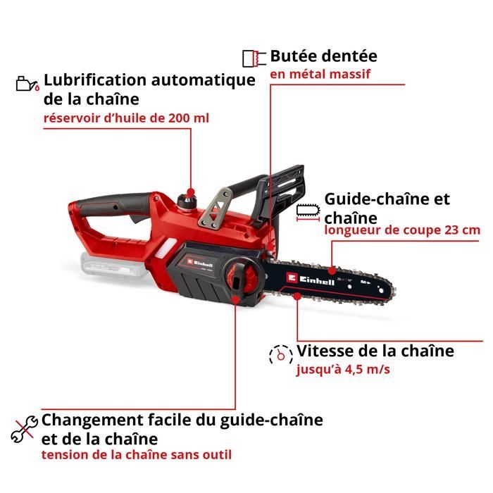 Motosierra inalámbrica Einhell GE-LC 18/25 Li Solo - PXC (18 V, capacidad de corte de 23 cm). Se suministra sin batería ni cargador.