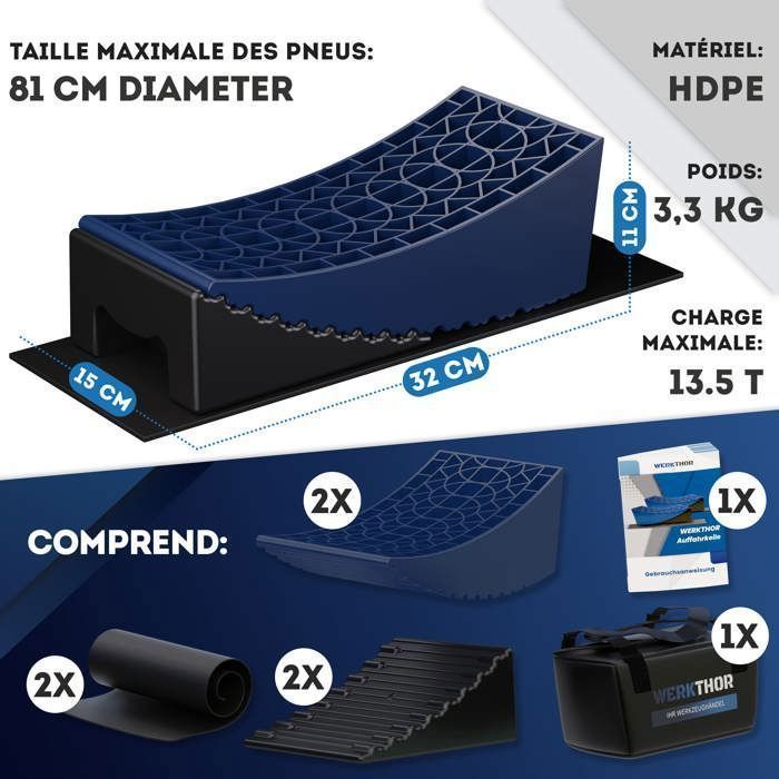WERKTHOR Rampes de levage camping-car (Bleu) - Lot de 2 pièces | Jusqu’à 13,5 tonnes | Antidérapantes et robustes