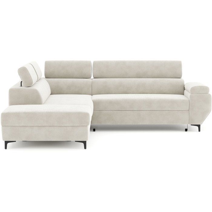 Ecksofa zum Ausziehen – 3-Sitzer – MIKY – Sandfarbener Stoff – Staufach und Kopfstützen – 262 x 235 x 96 cm – CONFORTEAM