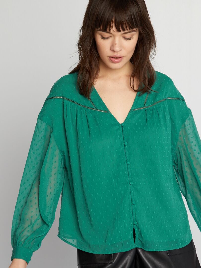 Voile blouse met plumetis - GROEN