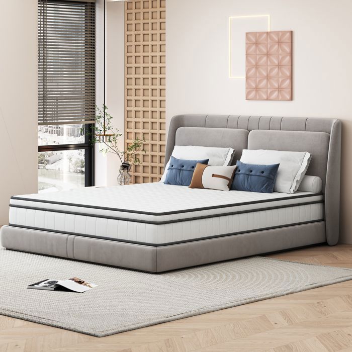 Materasso 90x200 cm, spessore 25 cm, materasso ibrido a molle insacchettate, memory foam, comfort medio, traspirante 3D, design ergonomico.