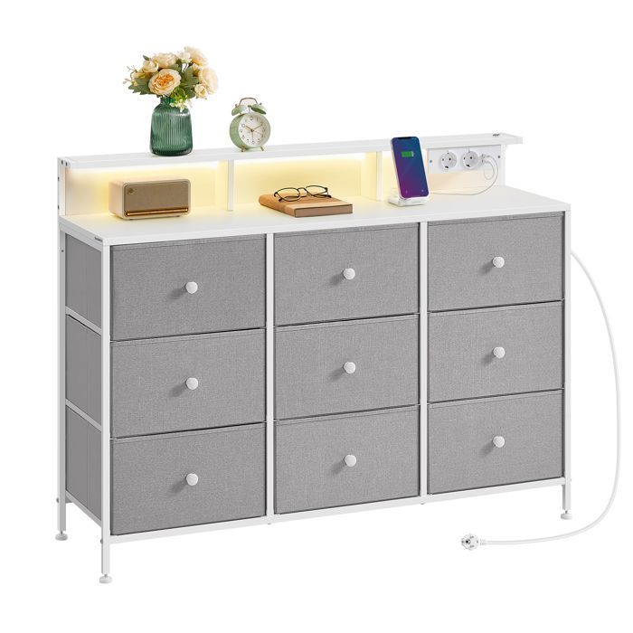 Commode avec 9 Tiroirs et Éclairage LED, Multiprise, Cadre en Acier, 33,5 x 114 x 84 cm, pour Chambre, Salon, Gris Tourterelle