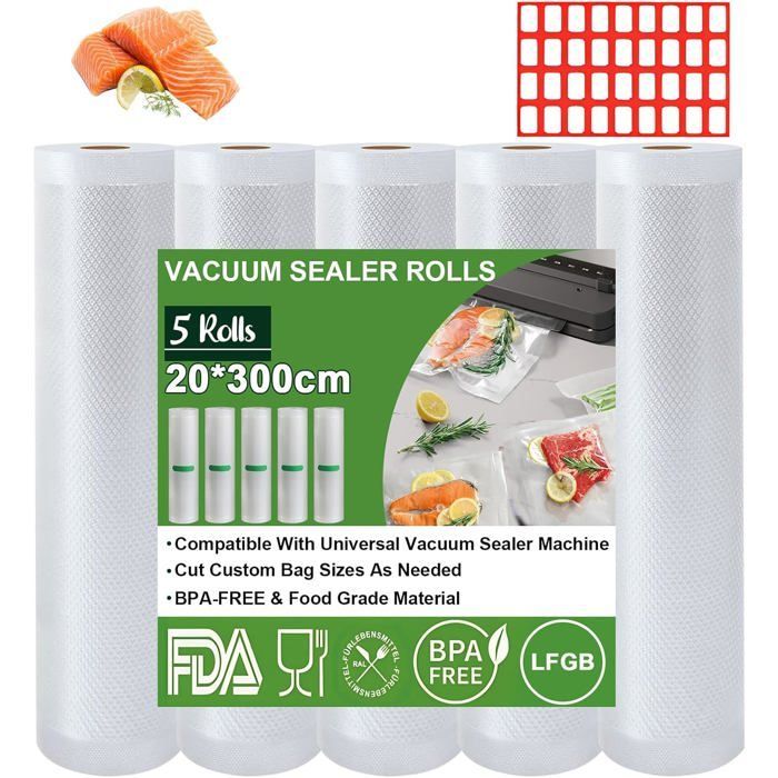 Food Vacuum Seal Bags, 5 Rolls 20cm x 3m/Roll Food Vacuum Seal Film, FDA Approved, LFGB, Freezer Bag [MA242]