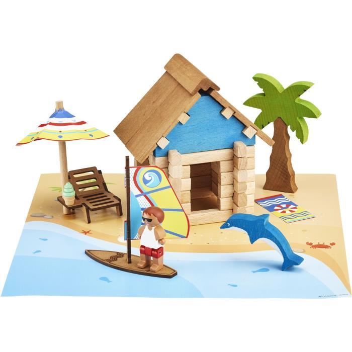 La Cabane de Plage 55 Pièces - JEUJURA - Jeu de Construction en Bois Naturel, Tapis et Accessoires Inclus, 22x18,5x8,5 cm