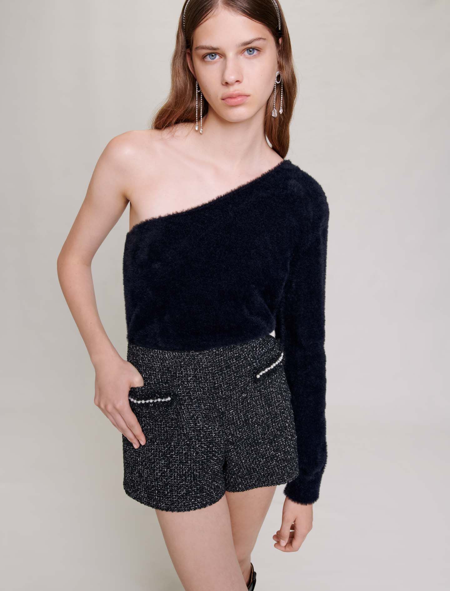 Broek van tweed met pailletten - Zwart/Zilver