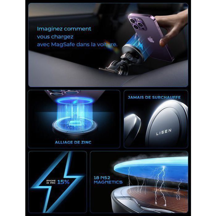 Soporte inalámbrico para teléfono de coche de 15 W, cargador de coche giratorio de 360°/chip inteligente para iPhone 15 14 13 Pro Max y Samsung