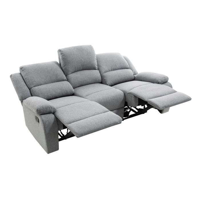 Canapé Relaxation 3 places LEO en Tissu - Gris clair - L193 x 93 x 96cm - LOUNGITUDE