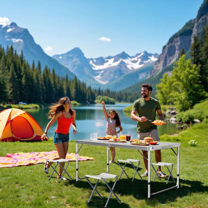 Wiltec Kit Table de camping pliante, 1200 x 600 x 545 mm, avec 4 assises tabourets, table portable blanche MDF/alu, réglable en haut