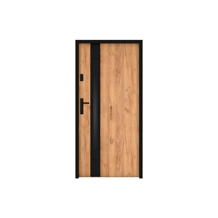 Porta d'ingresso in acciaio massiccio e acciaio inox, 207 cm di altezza x 100 cm di larghezza - vetro fumé - effetto rovere e nero - spessore 55 mm - apertura a destra - BRAGA