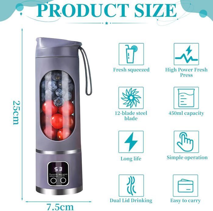 Presse-agrumes électrique portable - 12 lames avec affichage numérique, 3 modes, nettoyage facile, violet
