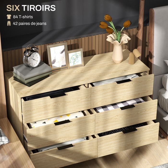 Commode 6 tiroirs - HOMCOM - Commode pour chambre à coucher avec design moderne anti-basculement 110L x 40l x 75H cm - Aspect bois
