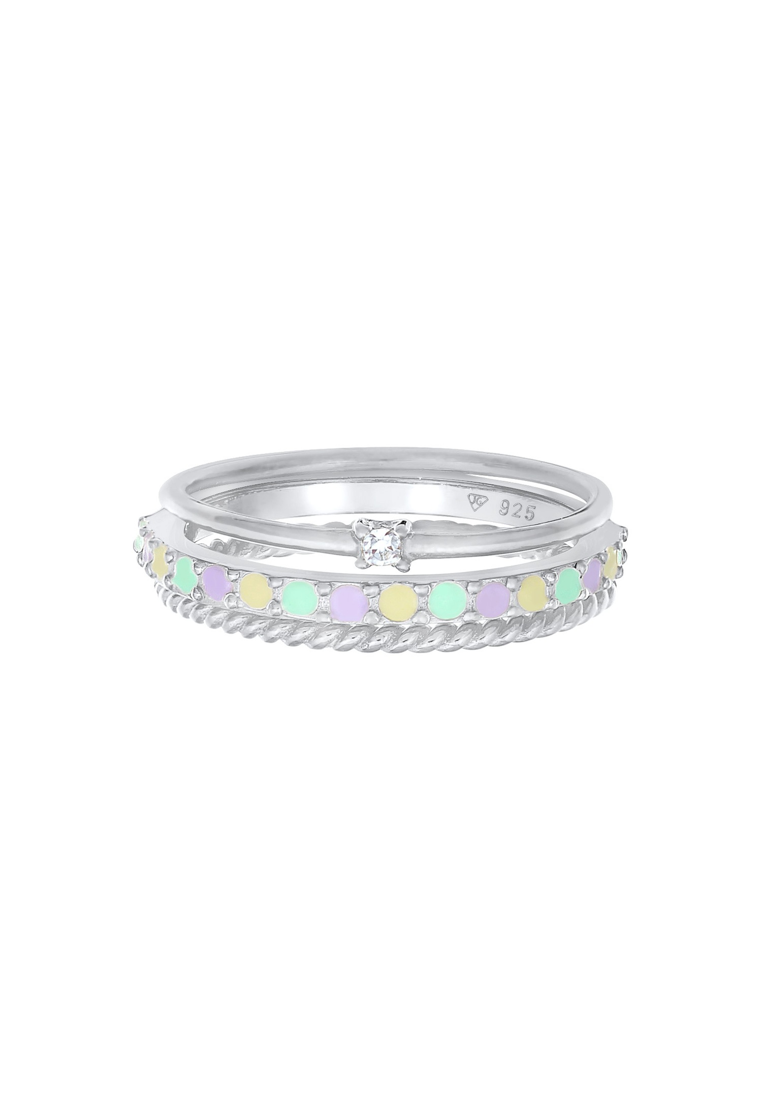 Elli Femmes Pile Set Moderne Solitaire Torsadé Tendance Multicolore avec Émail et Cristal en Argent Sterling 925 Plaqué Or