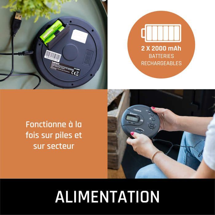 Lenco CD-300BK - Lecteur CD/MP3 Bluetooth® portable avec protection antichoc - Noir