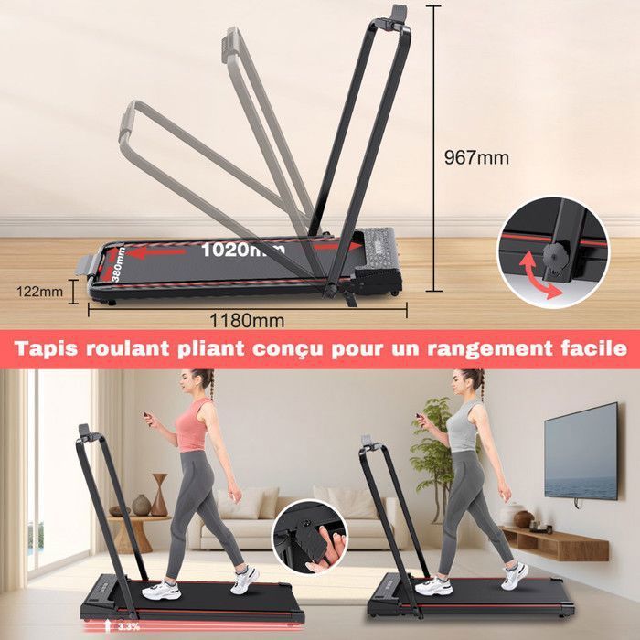 Tapis de Course Pliable et Inclinaible jusqu'à 3.3%,CITYSPORTS ZX2.Moteur 1400W,Vitesse 1-12km/h,Noir avec Rouge
