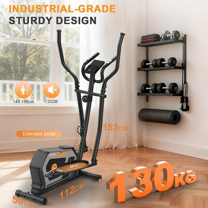 Elíptico 3 em 1, silencioso, 16 níveis de resistência, capacidade máxima de 130 kg, visor LCD, aplicativo, ideal para exercícios cardiovasculares em casa, preto/laranja