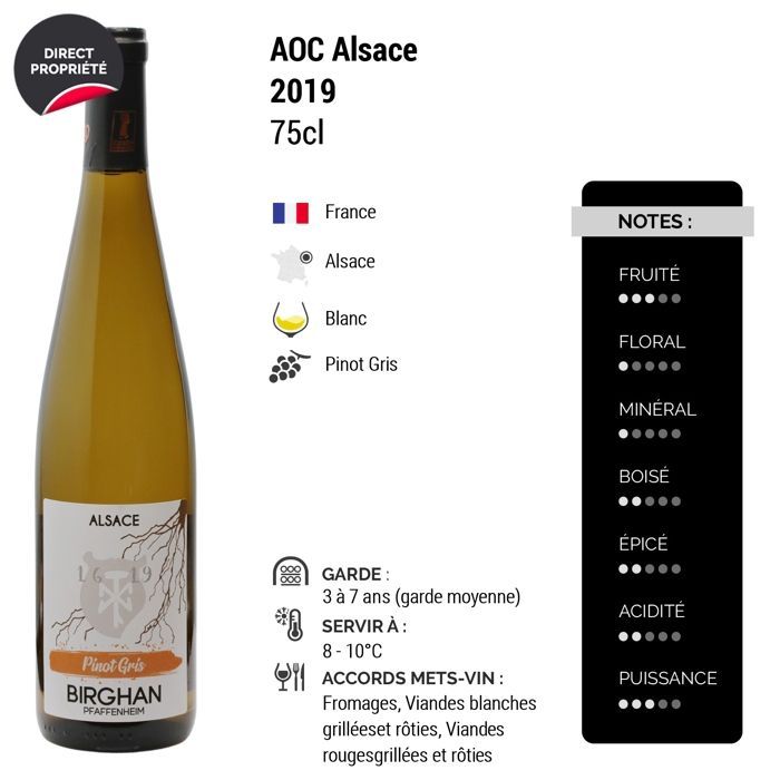 Birghan Alsace Pinot Gris 2019 - Vin Blanc d' Alsace (6x75cl)
