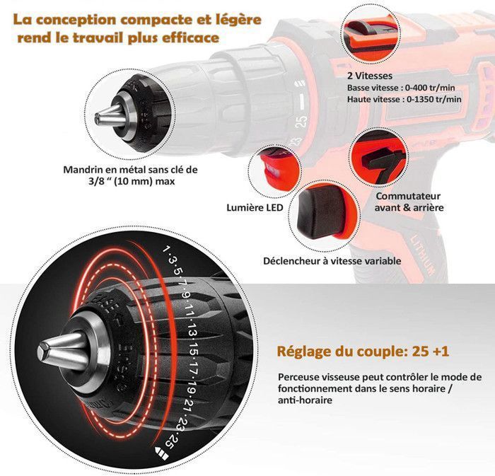 Trapano/avvitatore a batteria - MAGICFOX - 36V - Coppia 40 N·m - 2 velocità (0-400/0-1350 giri/min) - 2 batterie, 100 accessori