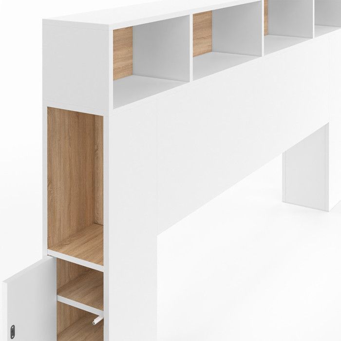 IDMARKET Tête de lit sur pied CLEO 145 cm avec rangements fermés et niches blanc et façon hêtre