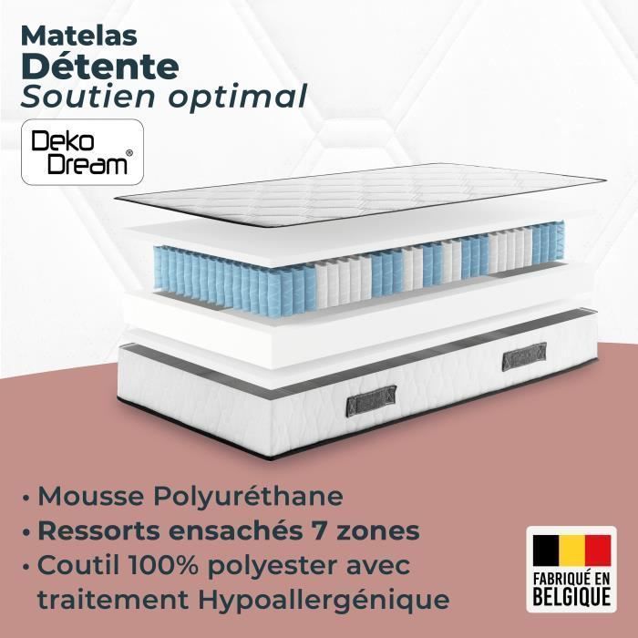 Matratze und Lattenrost 90 x 200 cm, 24 cm hoch – Taschenfederkern – 7 Zonen – wendbar – hergestellt in Belgien – DEKO DREAM