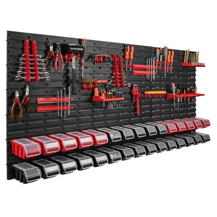 Étagère murale - BOTLE - 173 x 78 cm - 30 boîtes empilables - Plastique rouge et noir - Outils inclus