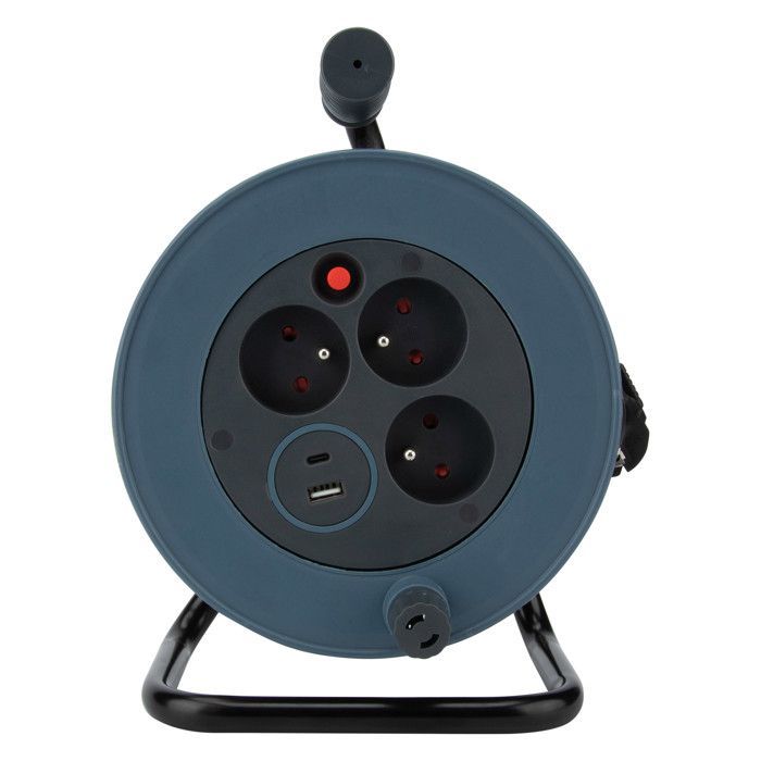 Carrete de cable compacto con 3 tomas + 2 puertos USB C/A, 12 m - Gris - Zenitech