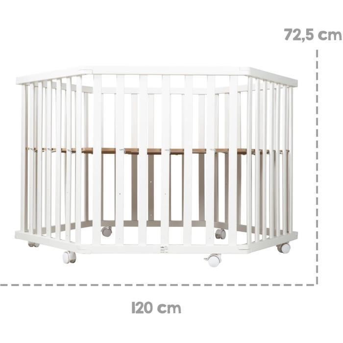Parque infantil hexagonal - ROBA - LITTLE STARS - Altura regulable - Funda acolchada - Ruedas con freno - Madera lacada en blanco - Diseño de estrellas