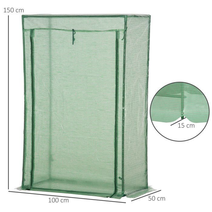 Invernadero de jardín - invernadero para balcón - Outsunny - cubierta de PE reforzada con puerta enrollable con cremallera - estructura de acero - 100x50x150cm - verde