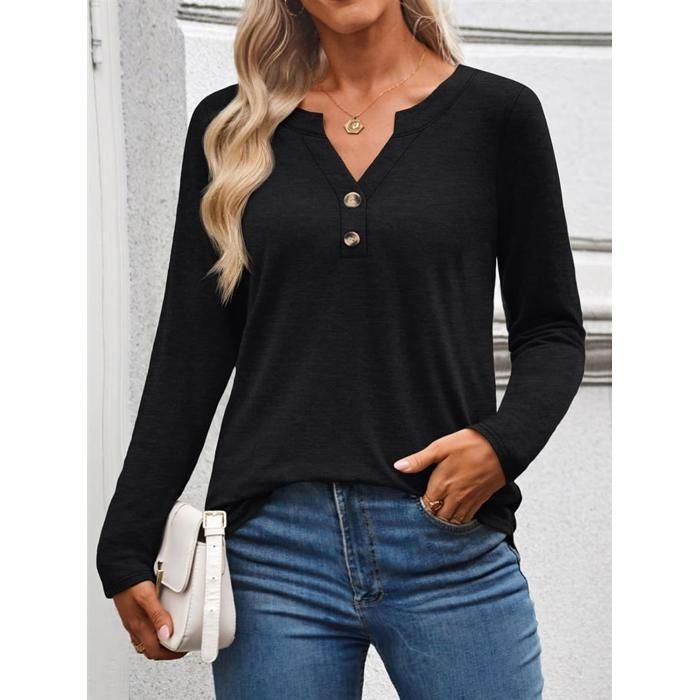 T-shirt da donna a maniche lunghe, primavera, scollo a V, casual, nera