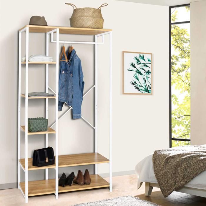 IDMARKET Dressing penderie étagères L. 90 cm DETROIT design industriel bois et métal blanc