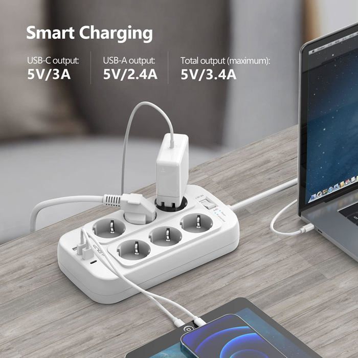 Regleta de enchufes 3M, regleta de 6 tomas con 4 puertos de carga USB (3 USB-A + 1 USB-C), protector contra sobretensiones, pararrayos.