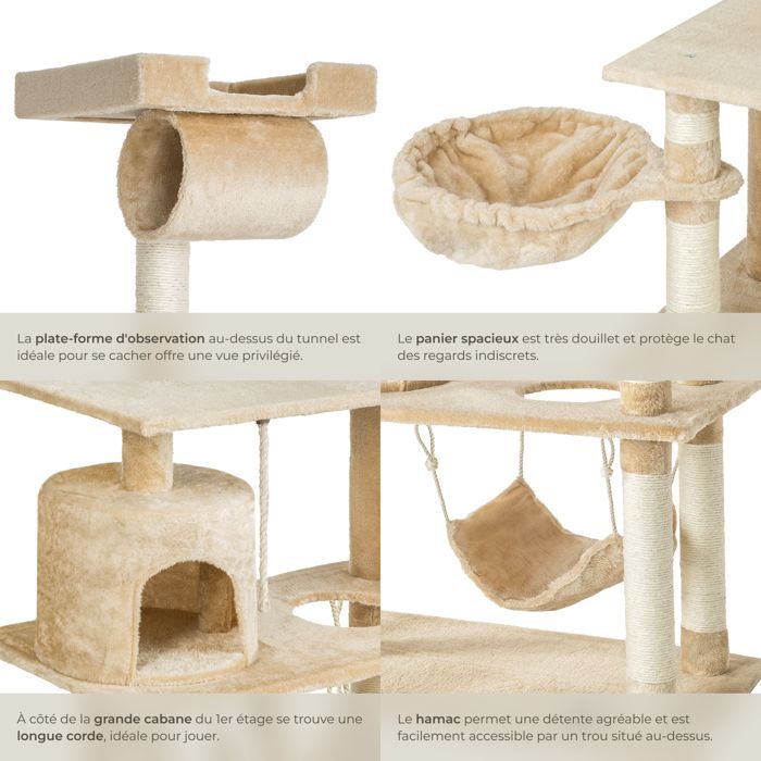 Árbol rascador para gatos - TECTAKE - MARCEL, 141 cm de altura, con cuerda, poste rascador y zonas de descanso - Beige