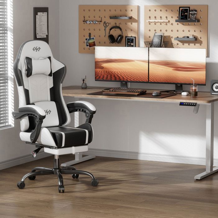 ECOFURNIX Massage-Bürostuhl, verstellbarer Gaming-Stuhl mit Lendenwirbelstütze und Fußstütze, Schwarz und Weiß