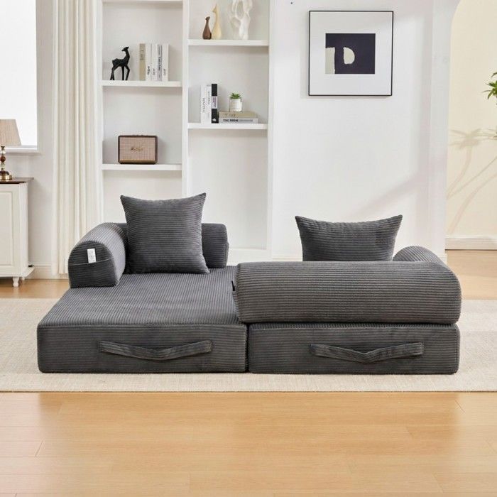 Sofá cama modular - LANGTU - Convertible - Pana gris oscuro - Estructura metálica - 3 plazas (200 cm)